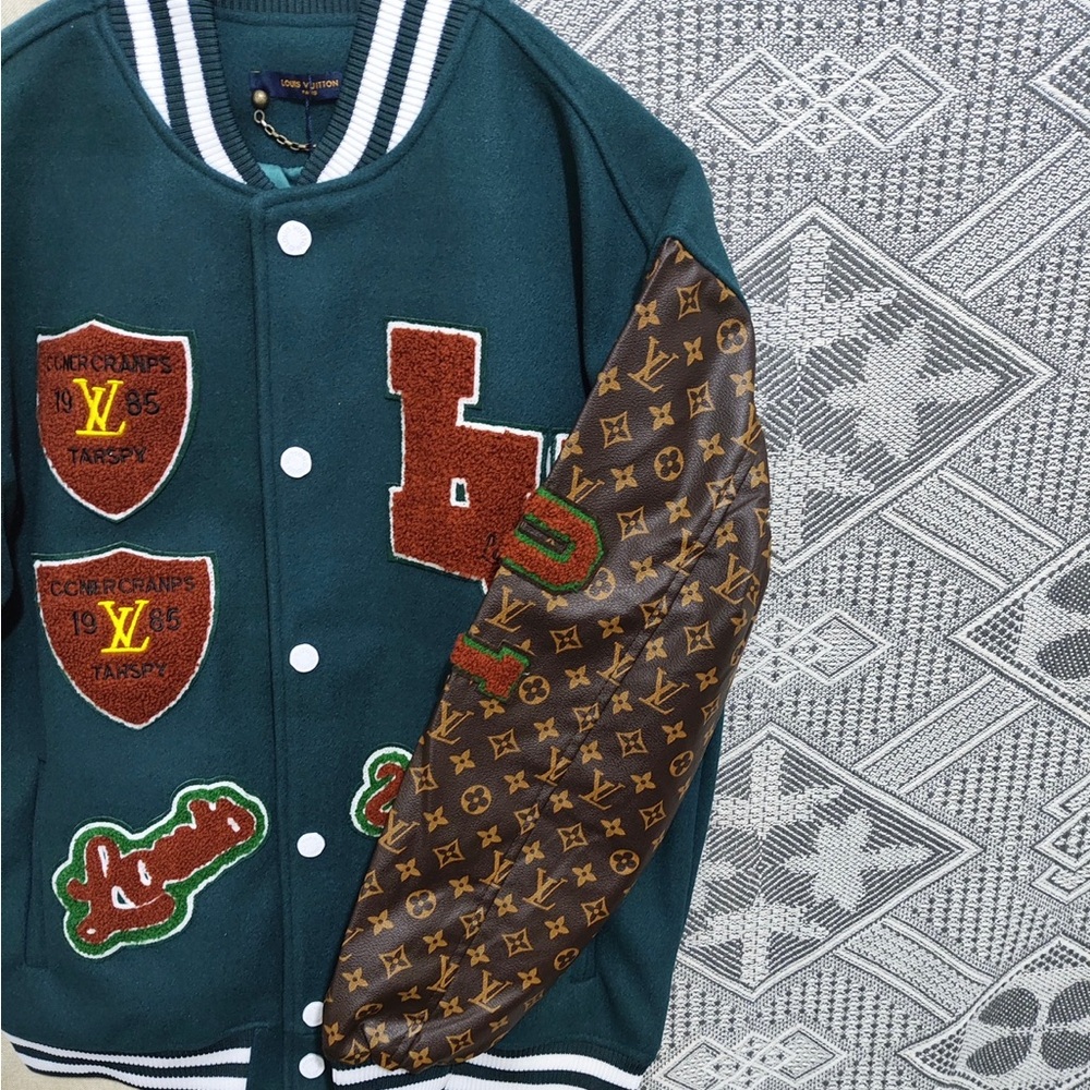 Louis Vuitton-Inspired Green Varsity Jacket with Brown Monogram Sleeves - Picture 4 of 11